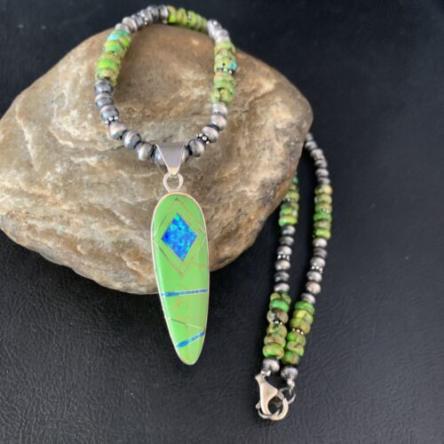 Navajo Green Turquoise Gaspeite Inlay Necklace | Sterling Silver | Authentic Native American Handmade | 13809