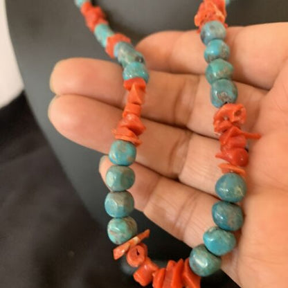 Southwestern Santo Domingo Red Coral Blue Turquoise Necklace | 28" | Authentic Native American Handmade | 12681