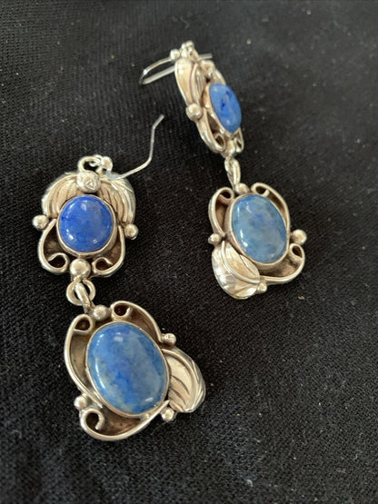 Native American Navajo Denim Lapis Dangle Earrings | Sterling Silver | 2" | 01680 - Masha USA