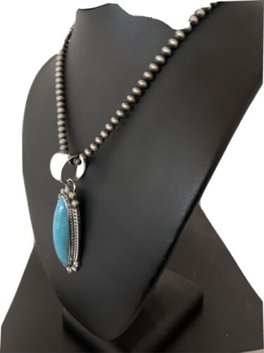 Men's Kingman Turquoise Pendant | Navajo Pearl Sterling Silver Necklace | Authentic Native American Handmade | 1070