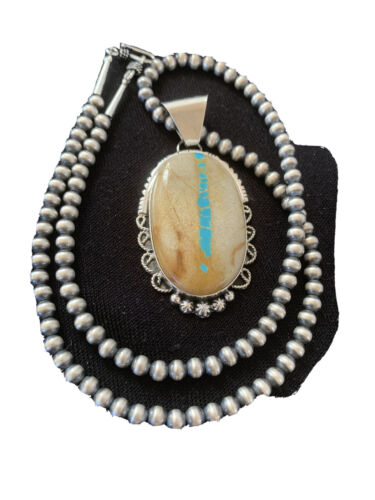 Men's Navajo Pearls Necklace | Sterling Silver Blue Boulder Turquoise Pendant | Native American Handmade | 1534