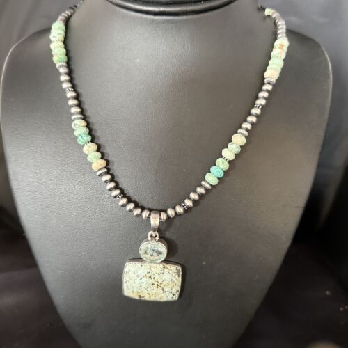 Navajo Pearls Necklace with Wild Horse Turquoise Pendant | Sterling Silver | Authentic Native American Handmade | 13906