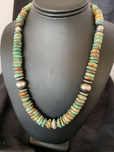 Navajo Pearls Green Turquoise Necklace | Sterling Silver | Authentic Native American | 21" | 12329