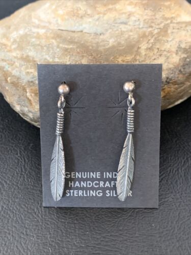 Old Pawn Southwestern Sterling Silver Dangle Feather Earrings | 1" | 12989