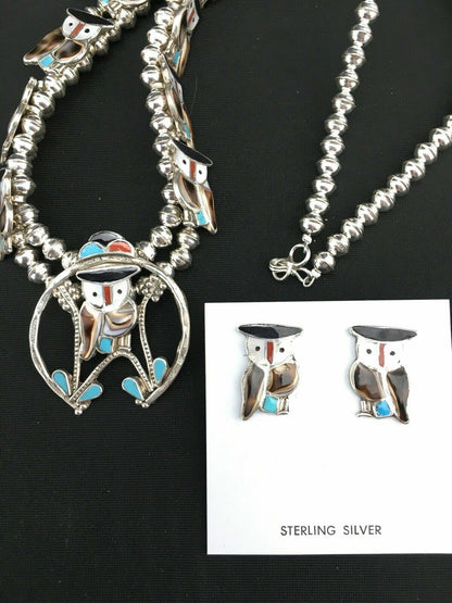 Zuni Owl Inlay Turquoise Squash Blossom Necklace Set | Sterling Silver | Native American Handmade | 1310