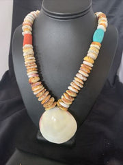 Native American Santo Domingo Necklace | Silver Shell Turquoise | 32" | 12060