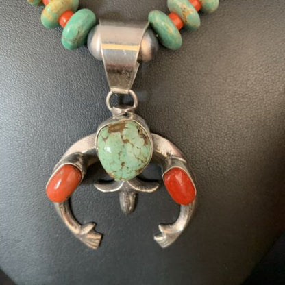 Navajo Pearl Royston Turquoise Coral Necklace with Naja Pendant | Sterling Silver | 13758