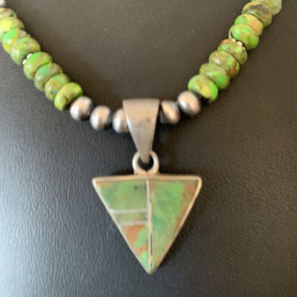 Navajo Green Gaspeite Turquoise Inlay Pendant | Sterling Silver | Authentic Native American Handmade | 13271