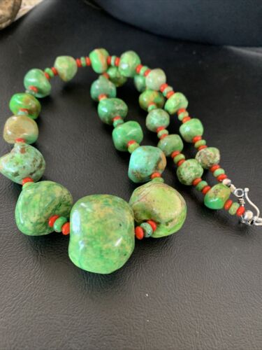 Southwestern Chunky Green Turquoise & Coral Necklace | Sterling Silver | Authentic Native American | 18" | 01843