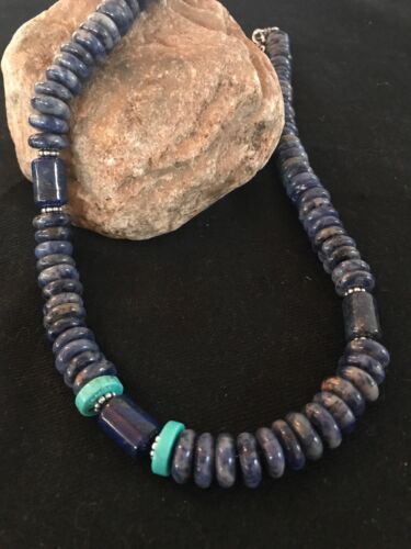 Native American Denim Lapis Turquoise Beads Necklace | Sterling Silver | Men's | 20" | 1281