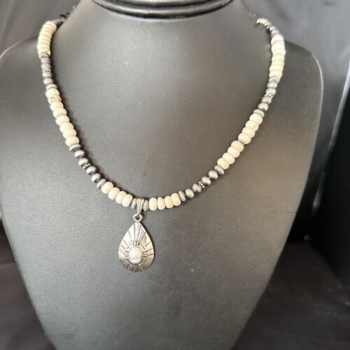 Navajo White Buffalo Turquoise Pendant Necklace | Sterling Silver | Authentic Native American Handmade | 14613
