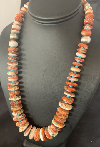 Navajo Turquoise & Red Spiny Oyster Necklace | Sterling Silver | Authentic Native American | 24" | 12734