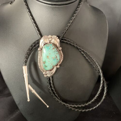 Navajo Green Royston Turquoise Bolo Tie | Sterling Silver | Authentic Native American Handmade | 14110