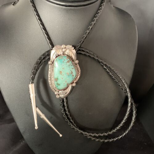 Navajo Green Royston Turquoise Bolo Tie | Sterling Silver | Authentic Native American Handmade | 14110