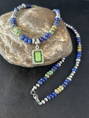 Navajo Green Turquoise and Lapis Pendant Necklace | Sterling Silver | Authentic Native American Handmade | 14634