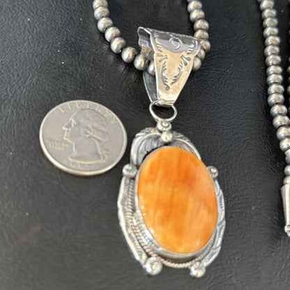 Navajo Pearls Necklace with Orange Spiny Oyster Pendant | Sterling Silver | Authentic Native American Handmade | 14720