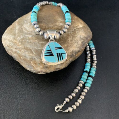 Navajo Inlay Blue Turquoise Onyx Pendant Necklace | Sterling Silver | Authentic Native American Handmade | 13656