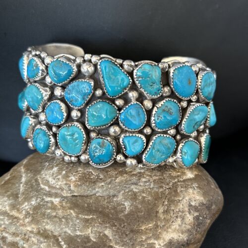 USA XL Mens Sterling Silver Handmade Kingman Turquoise Cuff Bracelet 14565