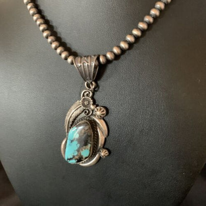 Navajo Pearl Necklace with Blue Spiderweb Turquoise Pendant | Sterling Silver | Native American Handmade | 13258