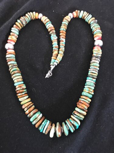 Authentic Native American Navajo Necklace | Green Turquoise & Spiny Oyster | Sterling Silver | 22" Pendant by Platero | 1255