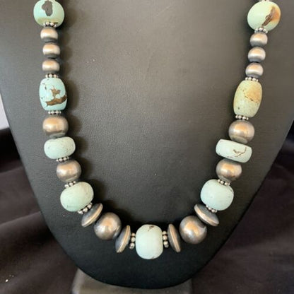 Navajo Pearl Dry Creek Turquoise Beads Necklace | Sterling Silver | 21" | Authentic Native American Handmade | 10978