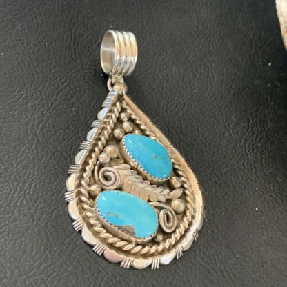 Southwestern Blue Turquoise Cluster Pendant | Authentic Men's Sterling Silver | Multi-Stone | 3" | 02104