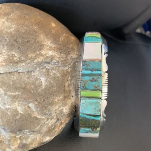 Men's Navajo Turquoise Spiny Coral Inlay Bracelet | Sterling Silver | Authentic Native American Handmade | 12693