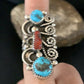 Navajo Kingman Turquoise Coral Ring | Authentic Native American Sterling Silver | Multi-Stone | Sz 8 | 14129