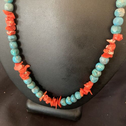Southwestern Santo Domingo Red Coral Blue Turquoise Necklace | 28" | Authentic Native American Handmade | 12681
