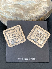 Native American Women's Post Earrings | 1" Navajo Sterling Silver Stamped | Handmade | 1655