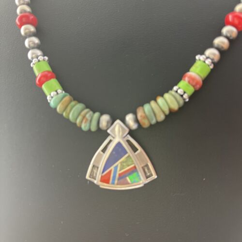 Navajo Turquoise & Spiny Oyster Inlay Pendant Necklace | Sterling Silver | Authentic Native American Handmade | 01622