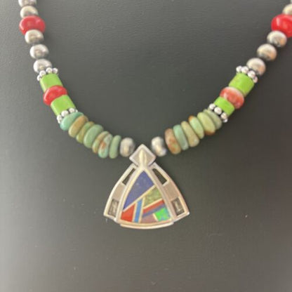 Navajo Turquoise & Spiny Oyster Inlay Pendant Necklace | Sterling Silver | Authentic Native American Handmade | 01622