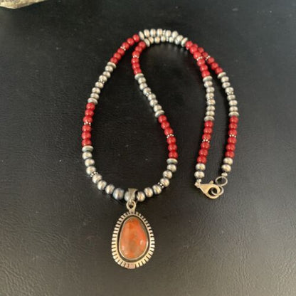 Navajo Red Apple Coral Pendant Necklace | Sterling Silver Beads | Authentic Native American Handmade | 13438