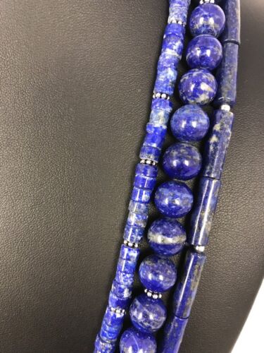 Navajo Denim Lapis 3 Strand Necklace | Sterling Silver | 22" | Authentic Native American Handmade | 3666