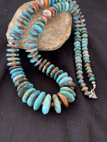 Navajo Sterling Silver Natural Blue Turquoise & Spiny Oyster Graduated Necklace | Authentic Native American | 28" | 331