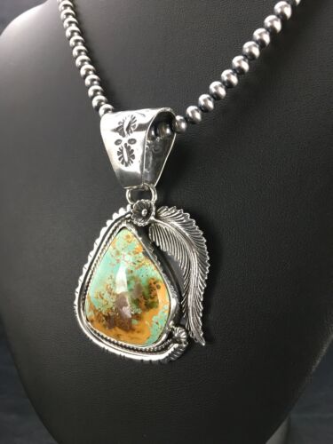 Navajo Pearls Sterling Silver Royston Turquoise Necklace Pendant Set | 2.75" | Authentic Native American Handmade | 2880