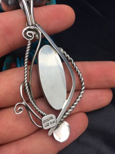 Navajo Kingman Turquoise & Spiny Oyster Multi-Stone Pendant Necklace | Authentic Native American Sterling Silver | 2637