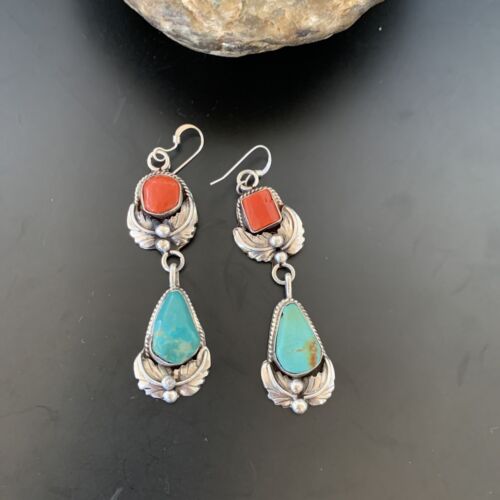 Navajo Green Royston Turquoise Red Coral Dangle Earrings | Sterling Silver | Authentic Native American Handmade | 2054