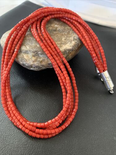 Southwestern Navajo 5-Strand Red Coral Bead Necklace | Sterling Silver | Authentic Native American Handmade | 01954