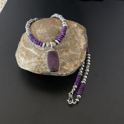 Navajo Pearls Necklace with Purple Sugilite Pendant | Sterling Silver | Authentic Native American Handmade | 11337