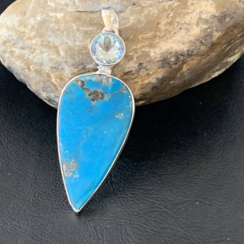 Navajo Sterling Silver Blue Topaz Turquoise Multi-Stone Pendant | Authentic Native American Handmade | 3" | 12025