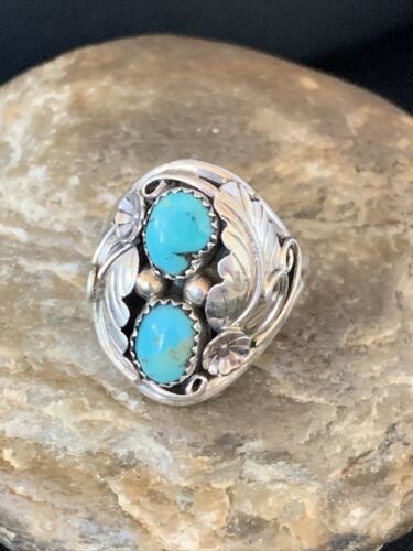 Native Navajo Kingman Turquoise Ring 2 Stone Sterling Silver Sz 12 14167