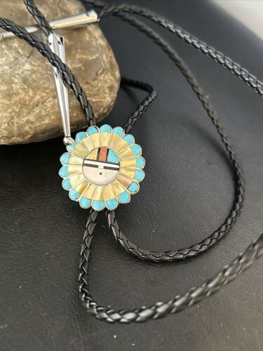 Men's Bolo Tie | Zuni Sunface Mother of Pearl Coral Turquoise Inlay | Sterling Silver | 14755