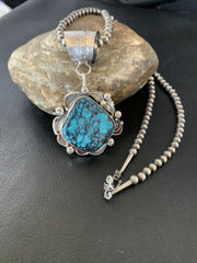 Men's Navajo Blue Spiderweb Turquoise Pendant Necklace | Sterling Silver | Authentic Native American Handmade | 10663