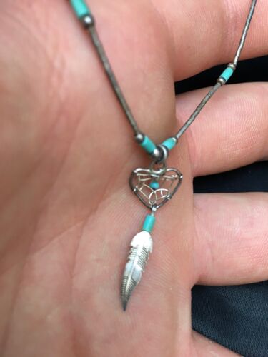 Navajo Turquoise Feather Pendant Necklace | Sterling Silver | Native American Handmade | 8970