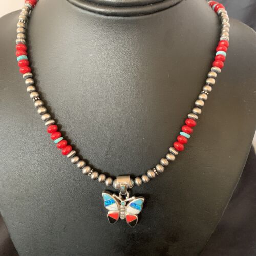 Opal Inlay Butterfly Pendant | Navajo Sterling Silver | Coral & Turquoise | 21" | 12582