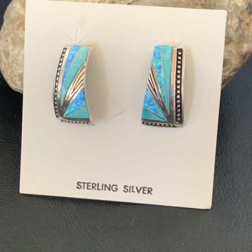 Navajo Blue Opal Turquoise Inlay Earrings | Sterling Silver | Authentic Native American Handmade | 12116