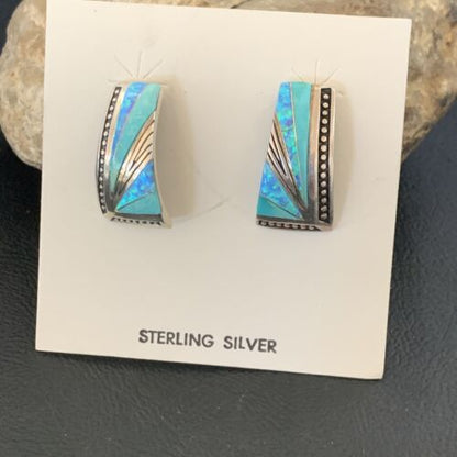 Navajo Blue Opal Turquoise Inlay Earrings | Sterling Silver | Authentic Native American Handmade | 12116