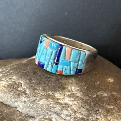Multi-Color Blue Lapis Turquoise Inlay Ring | Sterling Silver | Sz 7 | 14459