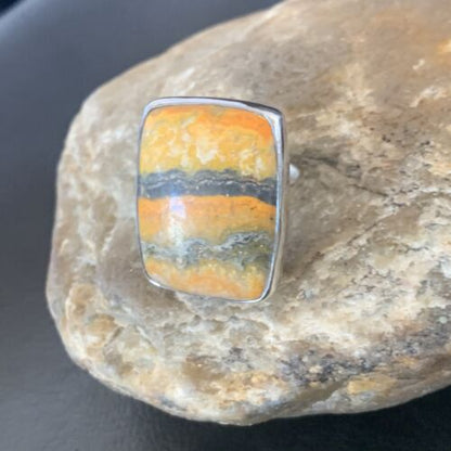 Navajo Bumble Bee Jasper Ring | Sterling Silver | Sz 8 Adjustable | Authentic Native American Handmade | 11540 - Masha USA